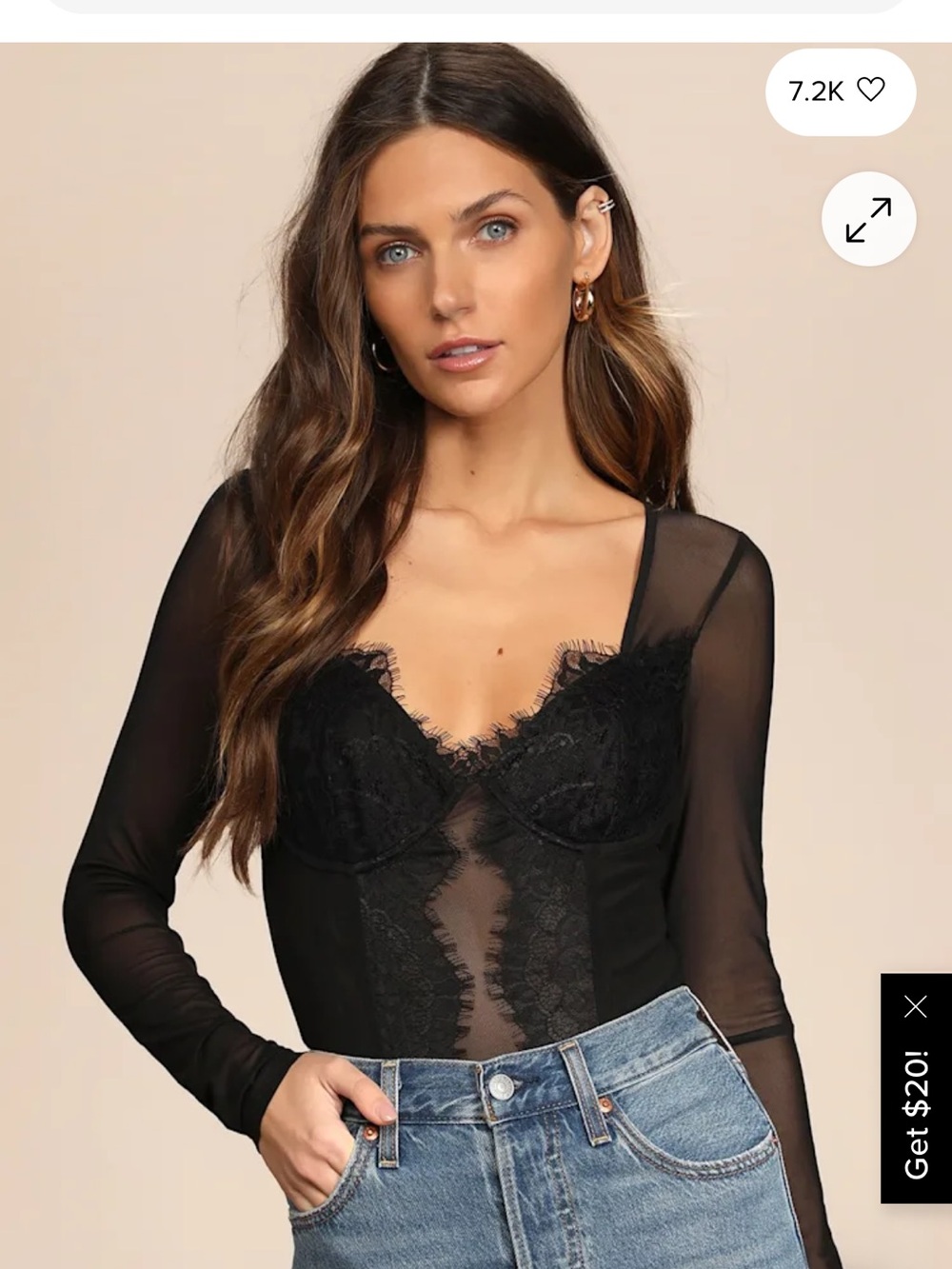 Lulu's Black Sheer Lace-Trim Long Sleeve Bodysuit